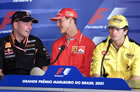 Jos Verstappen(Arrows), Michael Schumacher(Ferrari), Jarno Trulli(Jordan) / Jos and Michael talking while Jarno looks forward during Thursday Press Conference